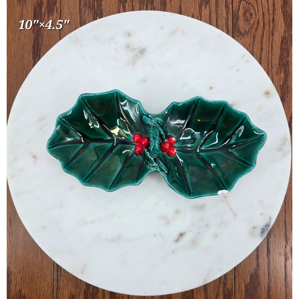 Vintage 1970's MCM Lefton Green and Red Holly Divided Candy Dish‎